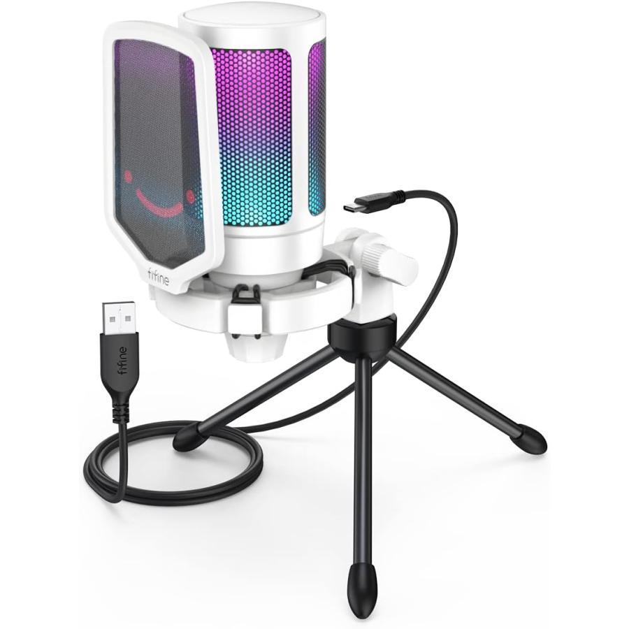 FIFINE A6V ホワイト USBコンデンサーマイク RGB カーディオイド指向性