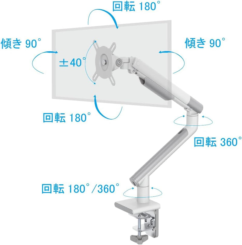 Alterzone シングルモニターアーム ディスプレイアーム VESA 75×75 100×100 17〜32インチ対応 クイックリリース メカニカルスプリング式 スチール ホワイト